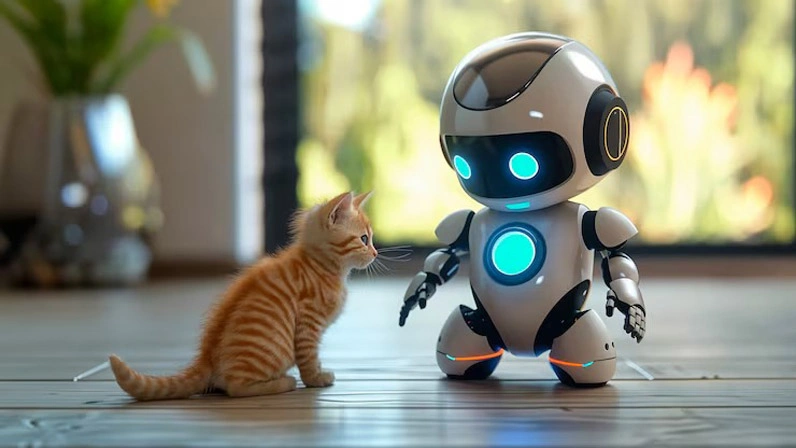 A cat and Robot playing together